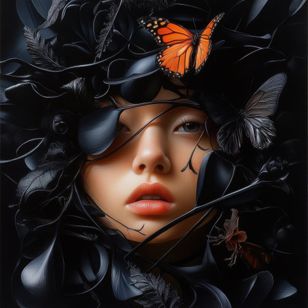 A woman's face is surrounded by black flowers and butterflies. The image has a dark and mysterious mood, with the woman's face hidden by the foliage. The butterflies add a touch of whimsyの素材