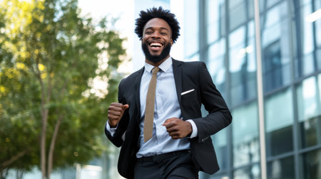 A man in a suit and tie is running down a street with a big smile on his face. He is wearing a tie with a leopard print pattern, which adds a touch of personality to his professional attireの素材