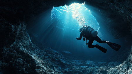A man is diving into a dark cave with a light shining on him. The cave is filled with water and the man is wearing a scuba suitの素材