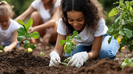 A young woman is planting a tree in a garden. She is wearing a white shirt and glovesの素材