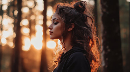 A woman with long hair is sitting in a forest. She is wearing a black hoodie and has her hair in a bun. The sun is setting, casting a warm glow on the scene. The woman is in a peacefulの素材