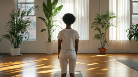 A woman is standing in a room with a lot of plants. She is wearing a white shirt and white shortsの素材