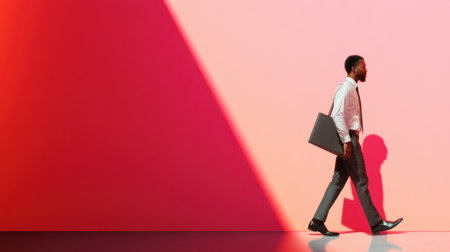 A man wearing a suit and tie walks down a red wall. The man is carrying a briefcase and a laptop bag. Concept of professionalism and work ethicの素材