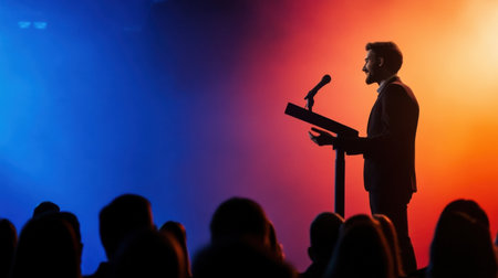 A man stands at a podium in front of a crowd, speaking into a microphone. The audience is watching him intently, and the atmosphere is serious and focusedの素材