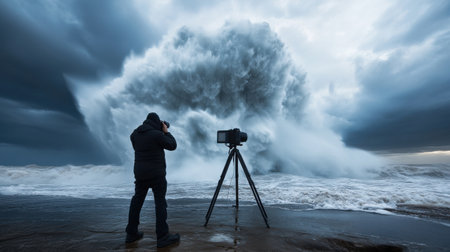A man is taking a picture of a large wave with a camera. The scene is dramatic and powerful, with the man standing on a wet surface and the camera capturing the force of the waveの素材