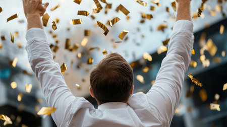 A man is celebrating with confetti falling around him. Scene is joyful and celebratoryの素材