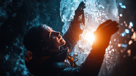 A woman is holding a camera in the dark, with a light shining on her. She is smiling and she is enjoying the momentの素材