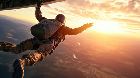 A man in a parachute jumps out of an airplane. The sky is orange and the sun is settingの素材