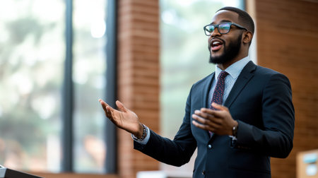 A man in a suit and tie is giving a presentation. He is smiling and he is enjoying himselfの素材