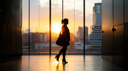 A woman is walking in a building with a view of the city and a sunset. Concept of solitude and contemplation as the woman walks alone in the buildingの素材