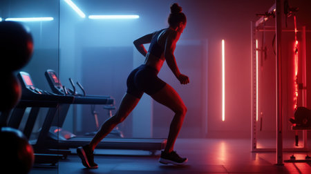 A woman is running on a treadmill in a gym. The room is dimly lit, giving it a mysterious and intense atmosphereの素材