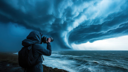 A man is taking a picture of a stormy ocean. The sky is dark and the water is choppy. The man is wearing a backpack and a jacketの素材