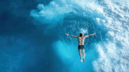 A man is swimming in a pool with a hole in the bottom. The water is blue and the man is wearing a black swimsuitの素材
