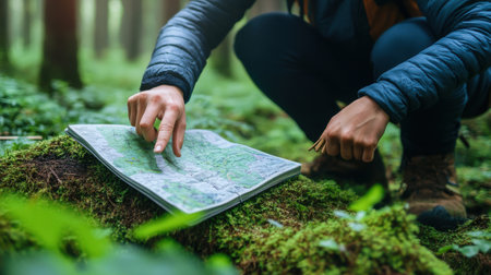 A woman is looking at a map and pointing to a spot. Concept of exploration and adventure, as the woman is in a forest and using a map to navigate her wayの素材