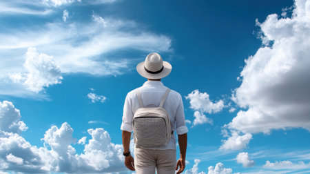 A man wearing a straw hat and a white shirt is standing in front of a blue sky with cloudsの素材