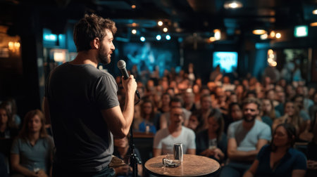 A man stands on a stage in front of a crowd, microphone in hand. The audience is attentive and engaged, listening to the speaker. The atmosphere is lively and energeticの素材