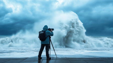 A man is taking a picture of a huge wave. The sky is cloudy and the water is roughの素材