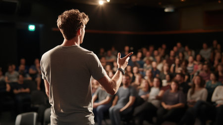 A man stands in front of a crowd of people, giving a speech. The audience is attentive and engaged, with many people sitting in chairs and others standing. The atmosphere is serious and focusedの素材