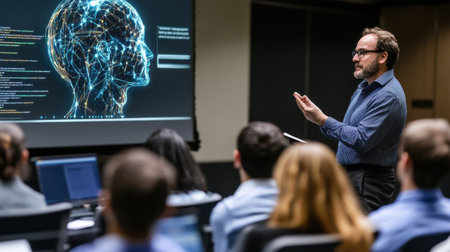 A man is giving a presentation in front of a large screen with a brain image. The audience is attentive and listening to the speakerの素材