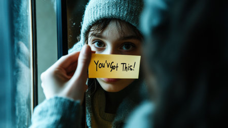 A girl is holding a yellow piece of paper that says "You've got this!". Concept of encouragement and support, as the girl is holding the paper up to her faceの素材