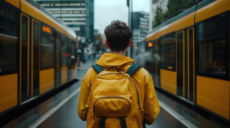 A man wearing a yellow jacket and backpack stands in front of a yellow train. The train is on the tracks and is surrounded by buildings. The man is waiting for the train to arriveの素材