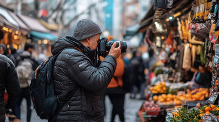 A man is taking a picture of a market with a camera. The market is full of people and fruitの素材