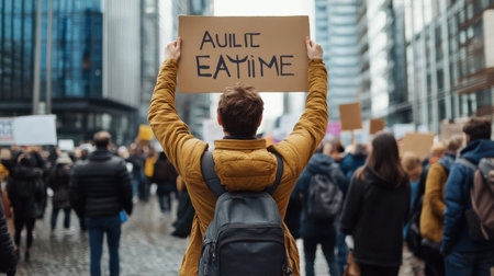 A man is holding a sign that says "Au litime eatime" in a large crowd of protesters. The crowd is gathered in a city street, and the man is standing out in the middle of the groupの素材
