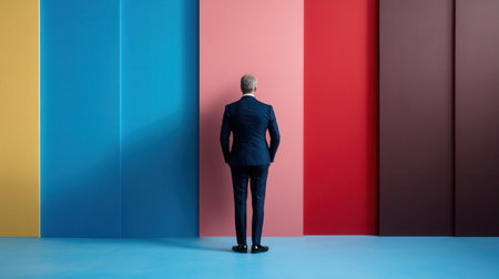 A man in a suit is standing in front of a wall with a red stripe. He looks at the wall and he is contemplating something. Concept of focus and determination, as the man seems to be deep in thoughtの素材