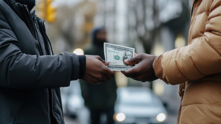 Two men are exchanging money. One man is holding a $20 bill. The other man is holding a $5 billの素材