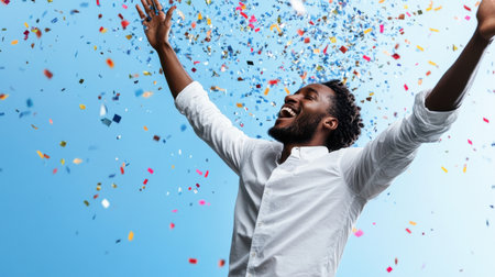 A man is jumping in the air with confetti falling around him. Concept of joy and celebrationの素材