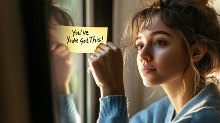 A young woman is holding a piece of paper that says "You've got this!" in front of her. She is looking out the window with determination and confidence. The paper is a reminder to stay positiveの素材
