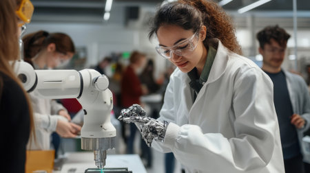A woman in a lab coat is working with a robot. There are several other people in the background, some of whom are wearing lab coats as well. The atmosphere seems to be focused and professionalの素材
