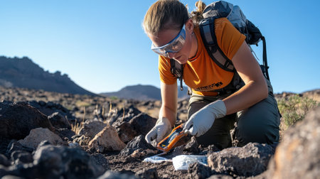 A woman in an orange shirt is looking at something on the ground. She is wearing goggles and glovesの素材