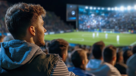 A man is watching a soccer game with a crowd of people. The man is wearing a hoodie and a vestの素材