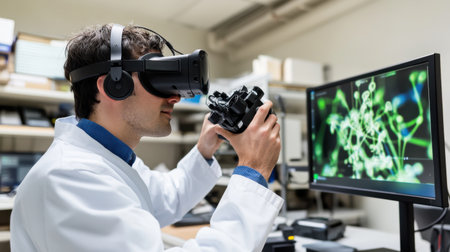 A man wearing a white lab coat is wearing a virtual reality headset and holding a camera. He is looking at a computer monitor displaying a green image. Concept of curiosity and explorationの素材