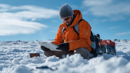A man in an orange jacket sits in the snow with a tablet in his lap. He is wearing a hat and glovesの素材