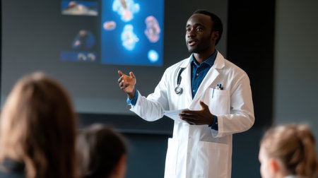 A man in a white lab coat is giving a presentation to a group of people. He is pointing to a screen behind him, which has a picture of a cell on it. The man is wearing a stethoscope around his neckの素材