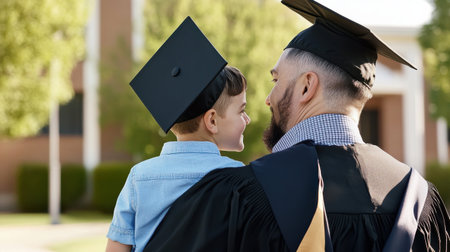 A man and a boy are standing together, the man wearing a graduation cap and gown. Concept of pride and accomplishment, as the manの素材