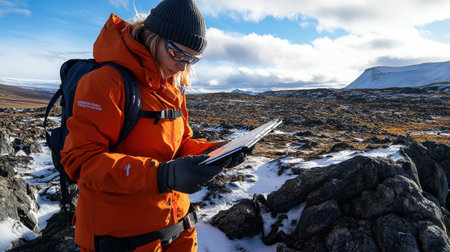 A woman in an orange jacket is looking at a tablet while standing on a rocky surface. Concept of adventure and explorationの素材