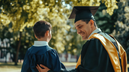 A man in a graduation cap and gown is holding a young man's arm. They are standing in a park, surrounded by treesの素材