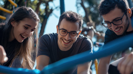Three people are smiling and laughing together. They are standing on a playground and one of them is holding a bookの素材