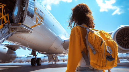 A woman wearing a yellow jacket and carrying a backpack is walking towards an airplane. Concept of excitement and anticipation as the woman prepares to board the plane for her journeyの素材