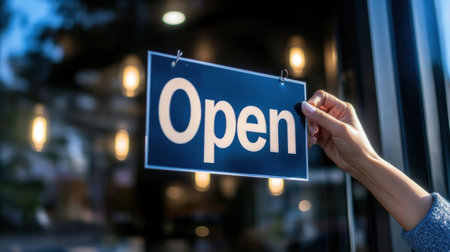 A person holding a sign that says "Open". The sign is blue and whiteの素材