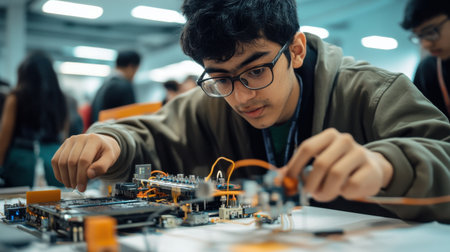 A young man in a lab coat is working on a project. He is wearing glasses and he is focused on his workの素材