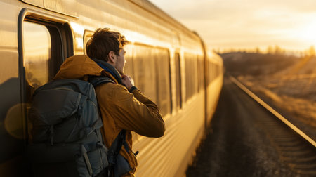 A man with a backpack is standing on the side of a train. He is looking out the window, possibly watching the scenery pass by. The train is moving along the tracks, and the man is enjoying the rideの素材
