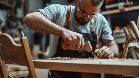 A man is working on a wooden table with a saw. He is wearing an apron and glassesの素材