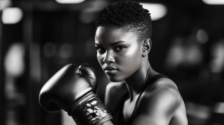 A woman wearing a boxing glove is posing for a picture. The image has a strong and confident mood, as the woman is standing tall and looking directly at the cameraの素材