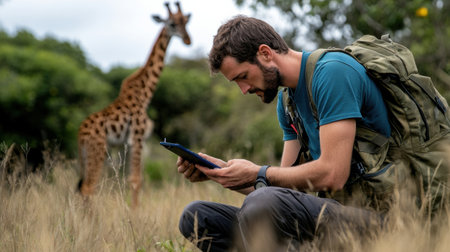 A man is sitting in the grass with a tablet in his hand. He is looking at a giraffe in the backgroundの素材