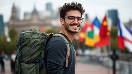 A man with a backpack and glasses is smiling in front of a city skyline. Concept of adventure and excitement, as the man is likely embarking on a journey or exploring a new placeの素材
