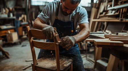 A man is working on a wooden chair in a workshop. He is wearing gloves and an apronの素材
